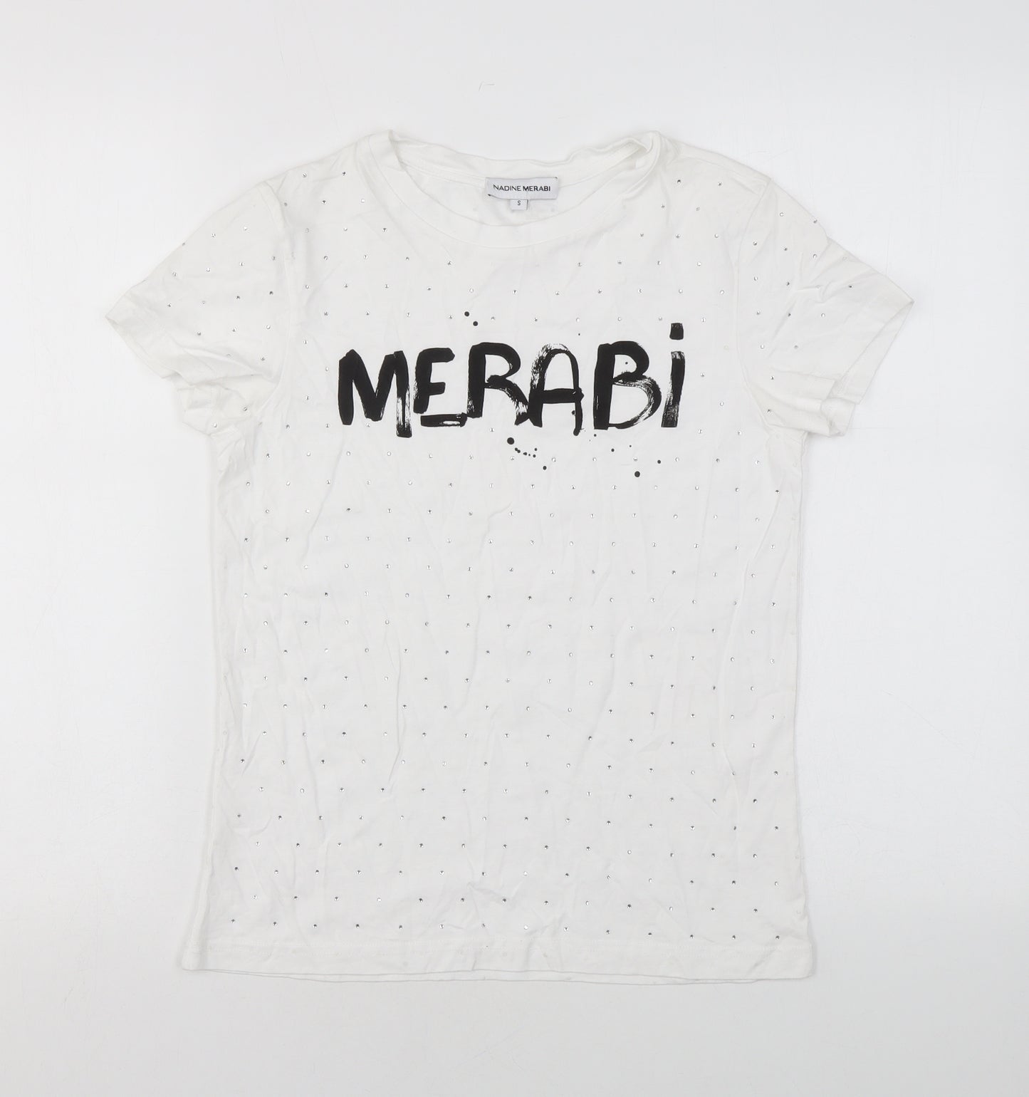 Nadine Merabi Womens White Cotton Basic T-Shirt Size S Round Neck - Diamanté