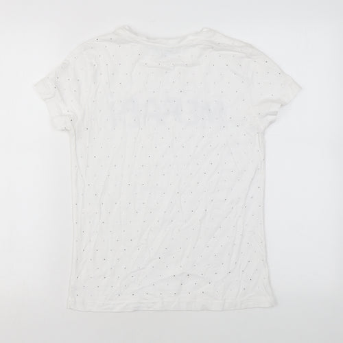 Nadine Merabi Womens White Cotton Basic T-Shirt Size S Round Neck - Diamanté