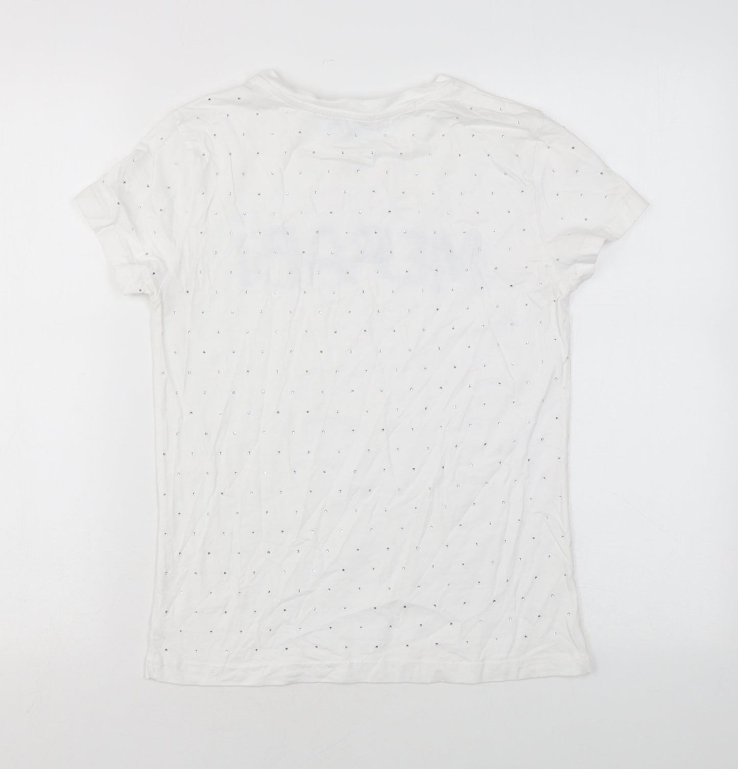 Nadine Merabi Womens White Cotton Basic T-Shirt Size S Round Neck - Diamanté