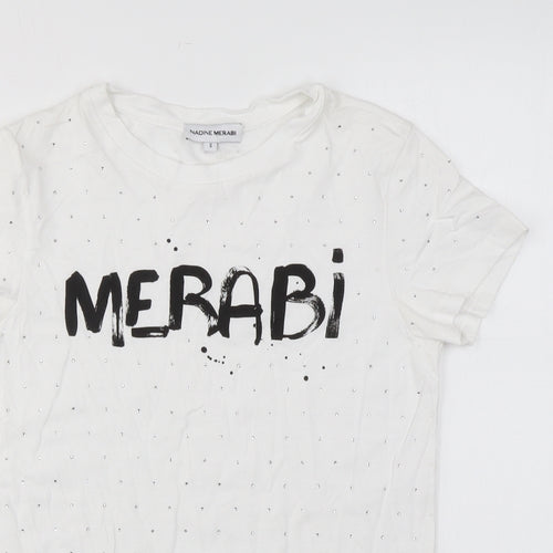 Nadine Merabi Womens White Cotton Basic T-Shirt Size S Round Neck - Diamanté