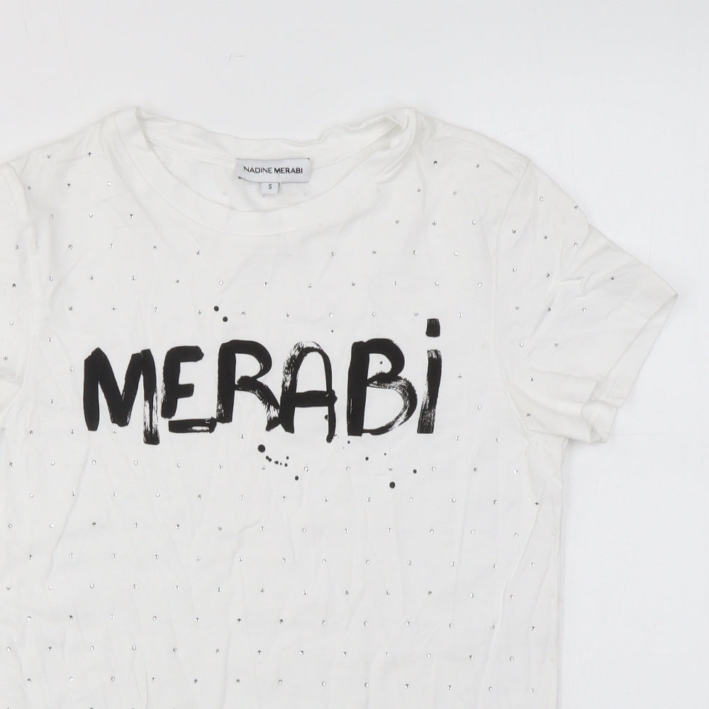 Nadine Merabi Womens White Cotton Basic T-Shirt Size S Round Neck - Diamanté