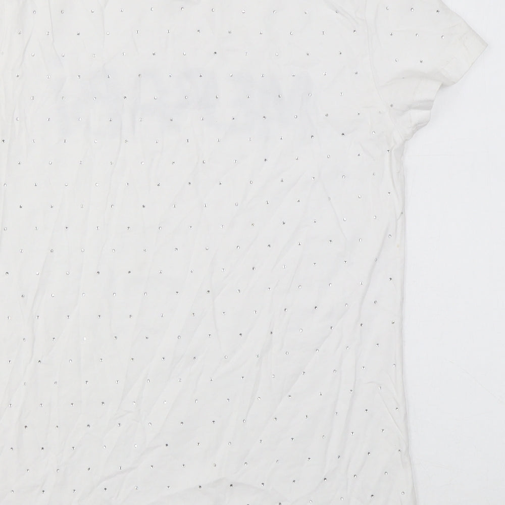 Nadine Merabi Womens White Cotton Basic T-Shirt Size S Round Neck - Diamanté