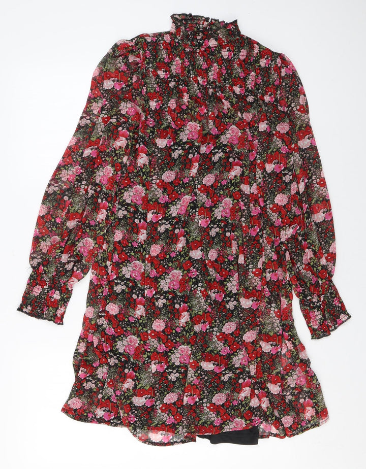 New Look Womens Multicoloured Floral Polyester A-Line Size 10 Mock Neck Button