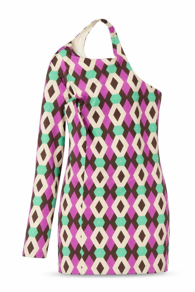Front view of Zara women’s multicoloured geometric polyester mini, size S, one shoulder zip