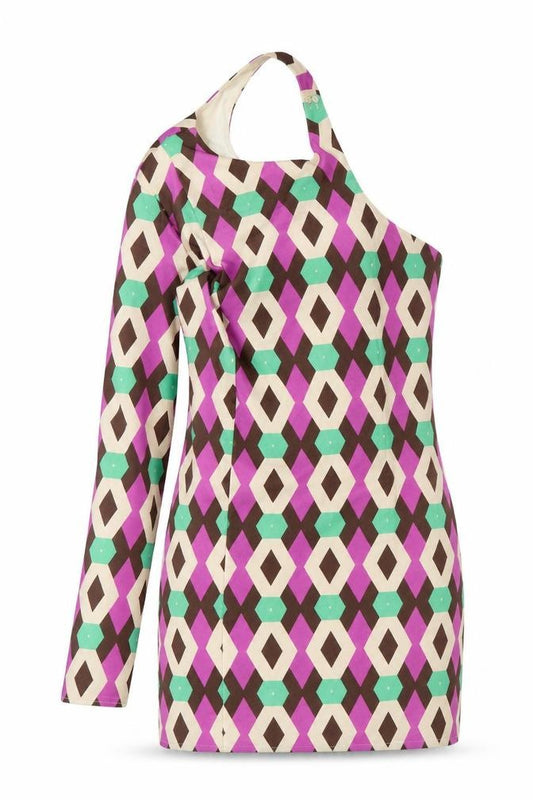 Front view of Zara women’s multicoloured geometric polyester mini, size S, one shoulder zip