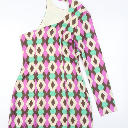 Zara Womens Multicoloured Geometric Polyester Mini Size S One Shoulder Zip