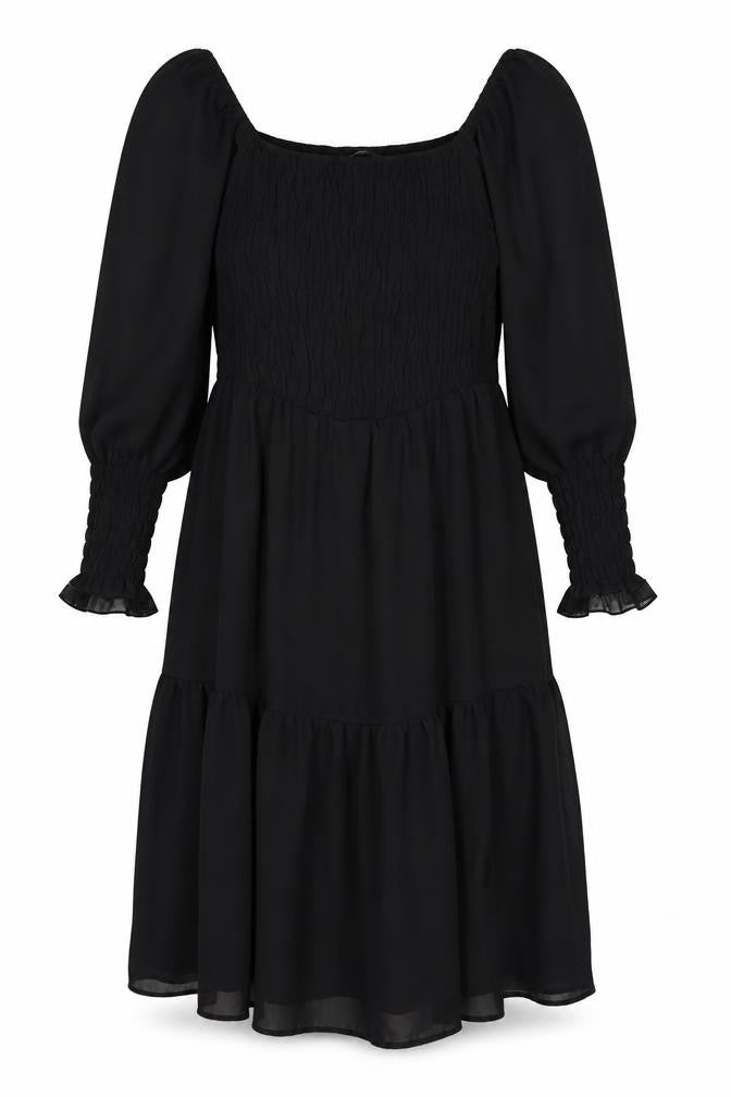 Front view of Quiz women’s black polyester a-line, size UK 14, off the shoulder pullover
