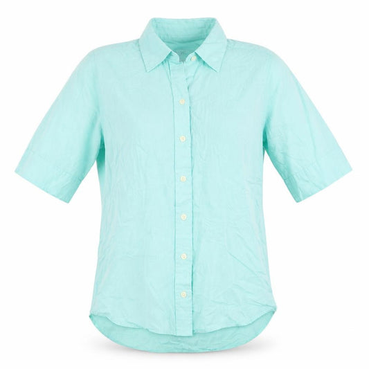 Front view of PINK women’s blue cotton basic button-up, size UK 8, collared