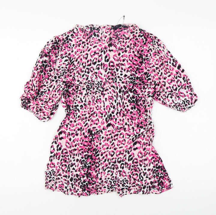Marks and Spencer Womens Pink Animal Print Viscose Basic T-Shirt Size 8 Round Neck