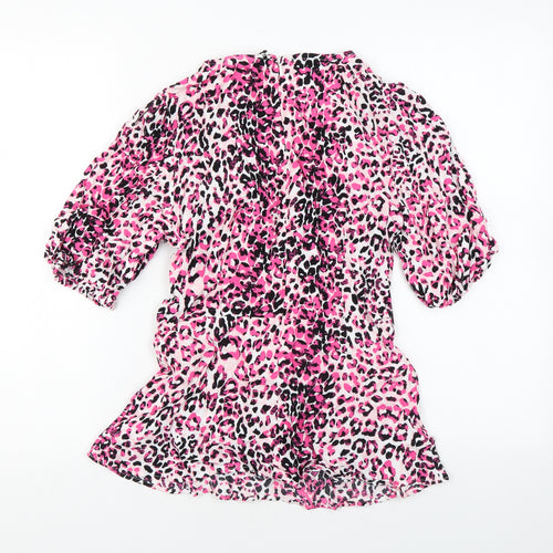Marks and Spencer Womens Pink Animal Print Viscose Basic T-Shirt Size 8 Round Neck