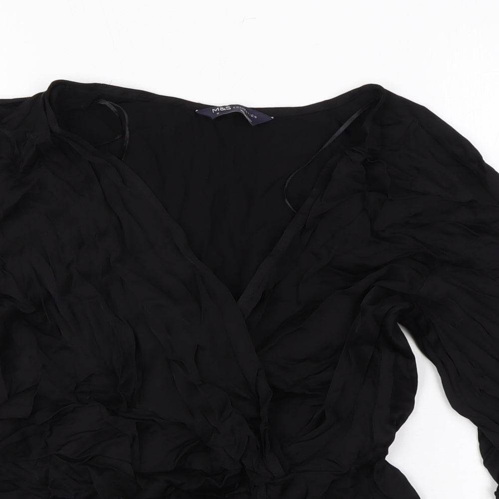 Marks and Spencer Womens Black Viscose Basic Blouse Size 10 V-Neck