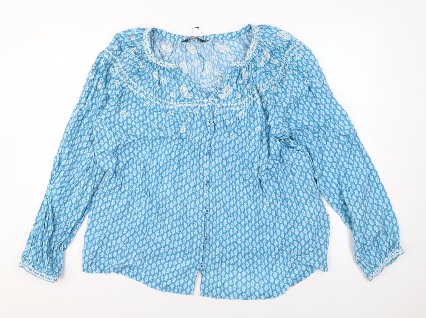 Marks and Spencer Womens Blue Geometric Cotton Basic Blouse Size 14 Round Neck