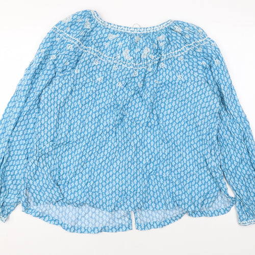 Marks and Spencer Womens Blue Geometric Cotton Basic Blouse Size 14 Round Neck