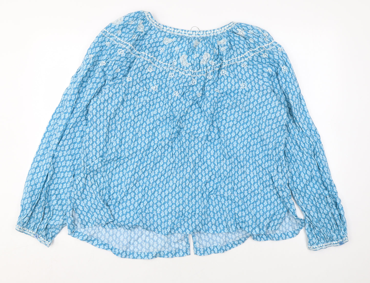 Marks and Spencer Womens Blue Geometric Cotton Basic Blouse Size 14 Round Neck