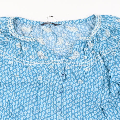Marks and Spencer Womens Blue Geometric Cotton Basic Blouse Size 14 Round Neck