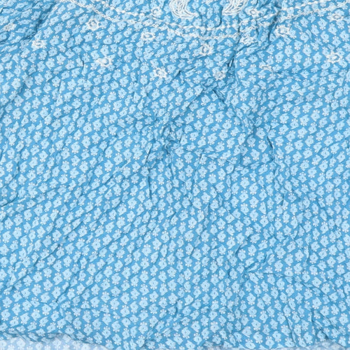Marks and Spencer Womens Blue Geometric Cotton Basic Blouse Size 14 Round Neck