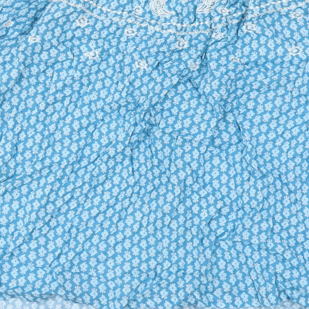 Marks and Spencer Womens Blue Geometric Cotton Basic Blouse Size 14 Round Neck