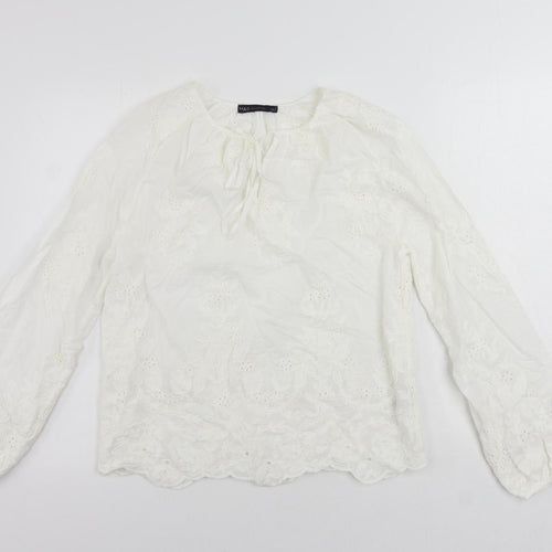 Marks and Spencer Womens White Cotton Basic Blouse Size 6 V-Neck - Embroidered
