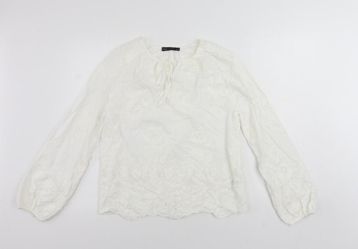 Marks and Spencer Womens White Cotton Basic Blouse Size 6 V-Neck - Embroidered