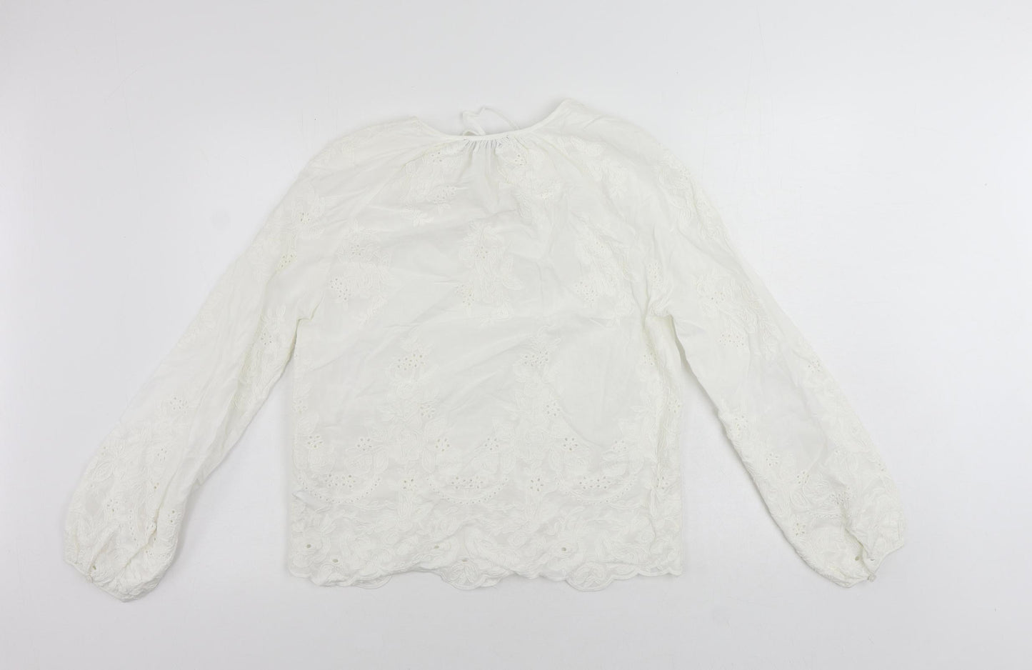 Marks and Spencer Womens White Cotton Basic Blouse Size 6 V-Neck - Embroidered
