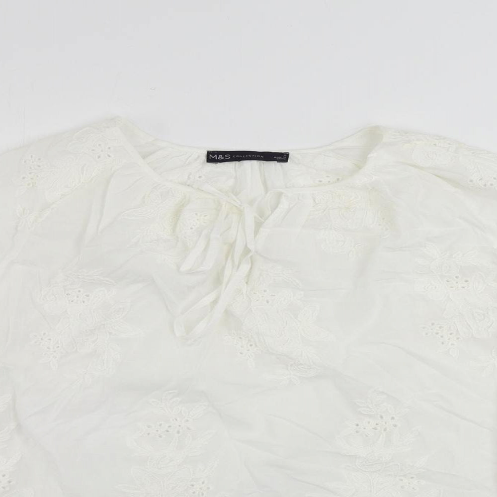 Marks and Spencer Womens White Cotton Basic Blouse Size 6 V-Neck - Embroidered