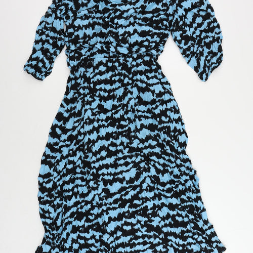Marks and Spencer Womens Blue Geometric Viscose A-Line Size 12 V-Neck Pullover - Belted