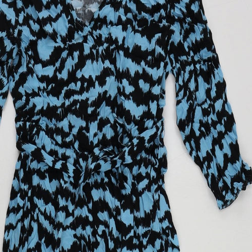 Marks and Spencer Womens Blue Geometric Viscose A-Line Size 12 V-Neck Pullover - Belted