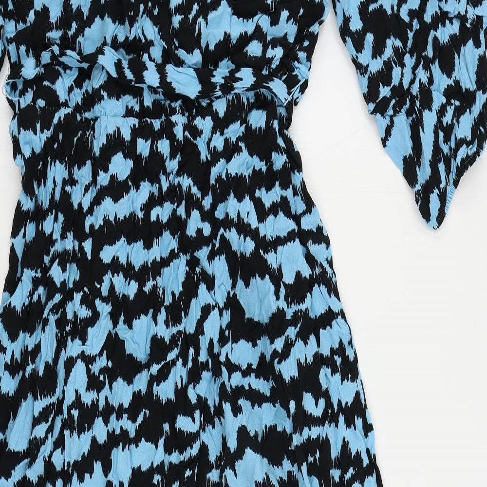 Marks and Spencer Womens Blue Geometric Viscose A-Line Size 12 V-Neck Pullover - Belted