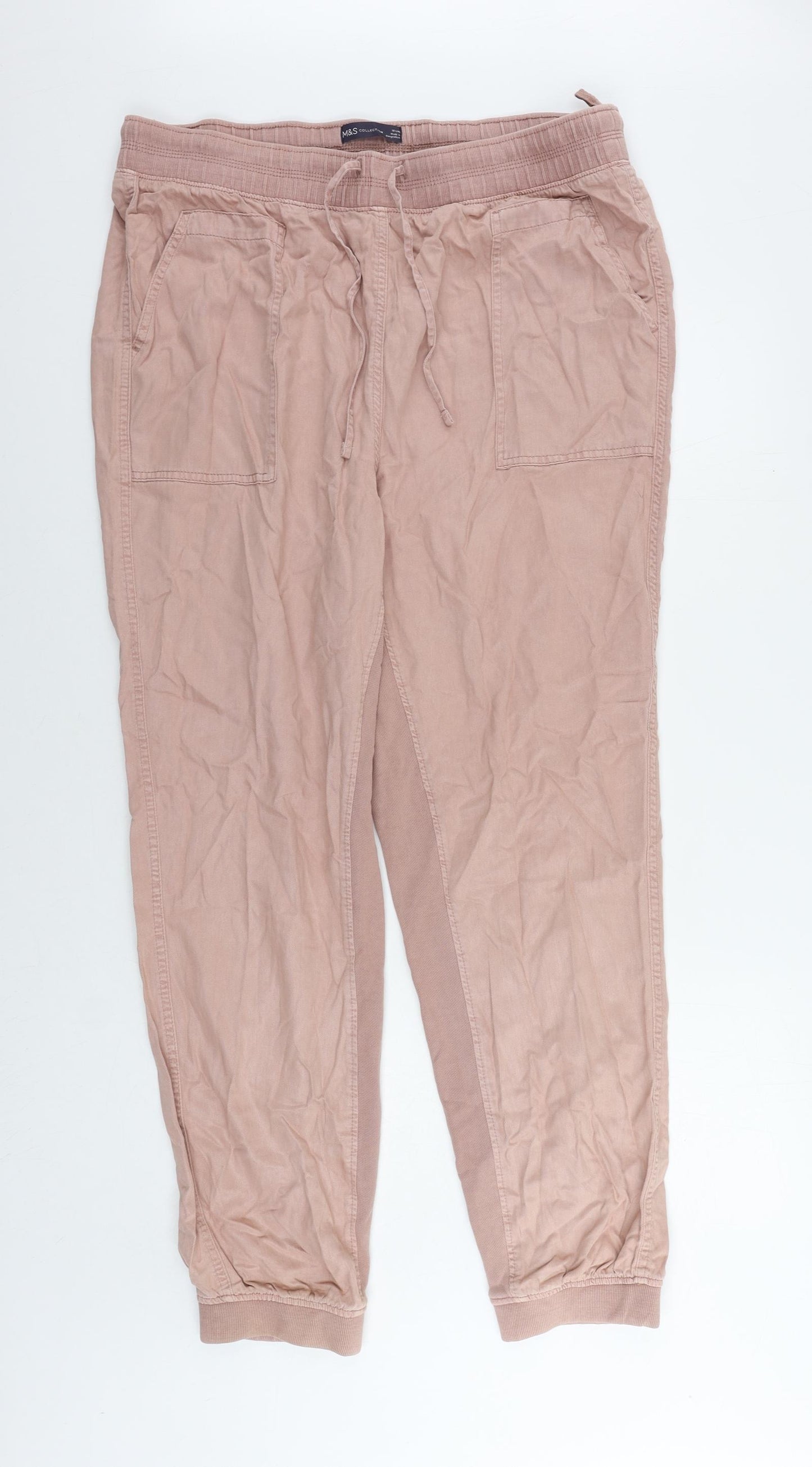 Marks and Spencer Womens Pink Lyocell Trousers Size 18 L30 in Regular Drawstring - Elastic Waist