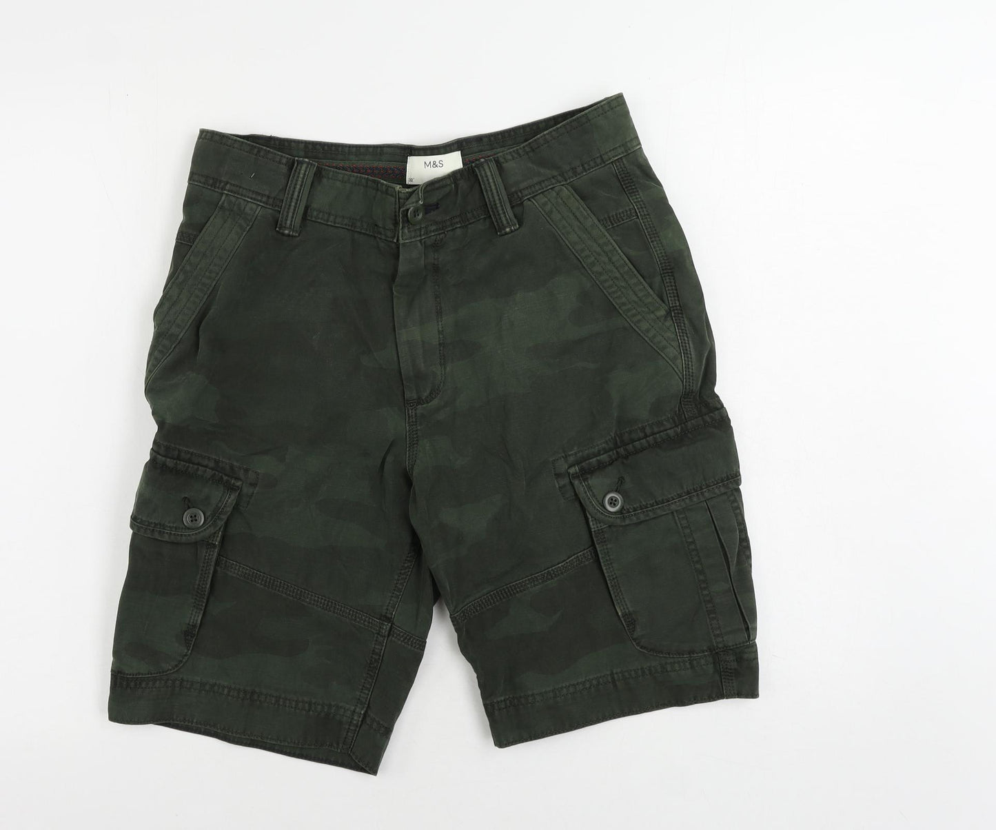 Marks and Spencer Mens Green Camouflage Cotton Cargo Shorts Size 32 in L10 in Regular Zip