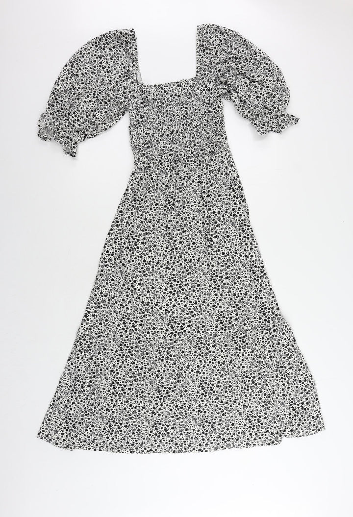 Marks and Spencer Womens Black Floral Viscose A-Line Size 6 Square Neck Pullover - Shirred Back