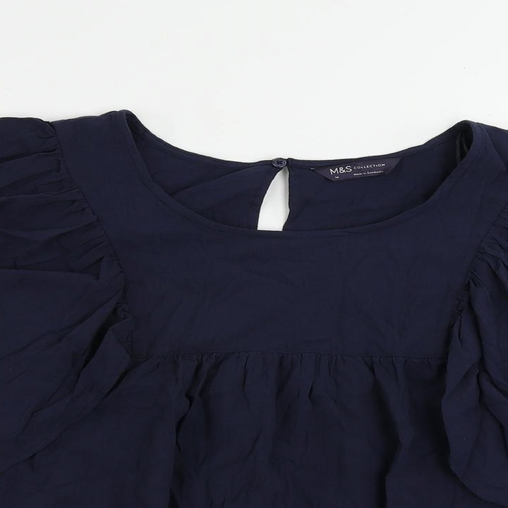 Marks and Spencer Womens Blue Cotton Basic Blouse Size 14 Round Neck