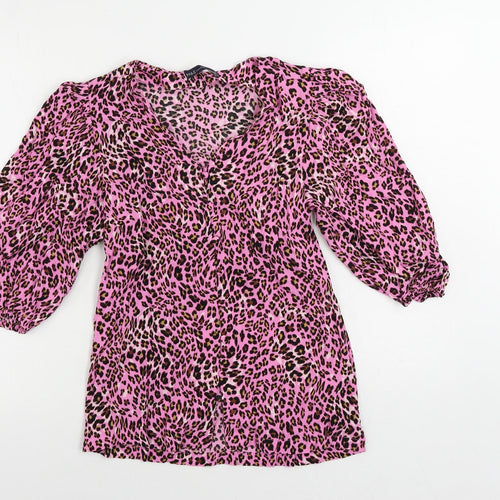 Marks and Spencer Womens Pink Animal Print Viscose Basic Button-Up Size 8 V-Neck