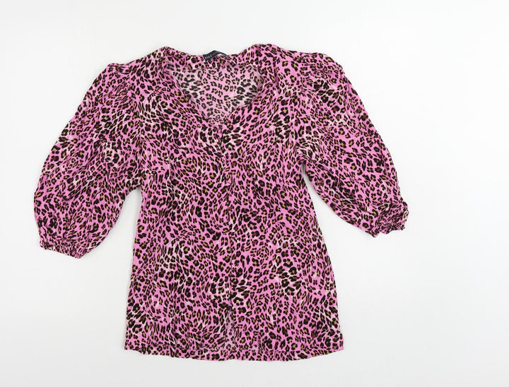 Marks and Spencer Womens Pink Animal Print Viscose Basic Button-Up Size 8 V-Neck