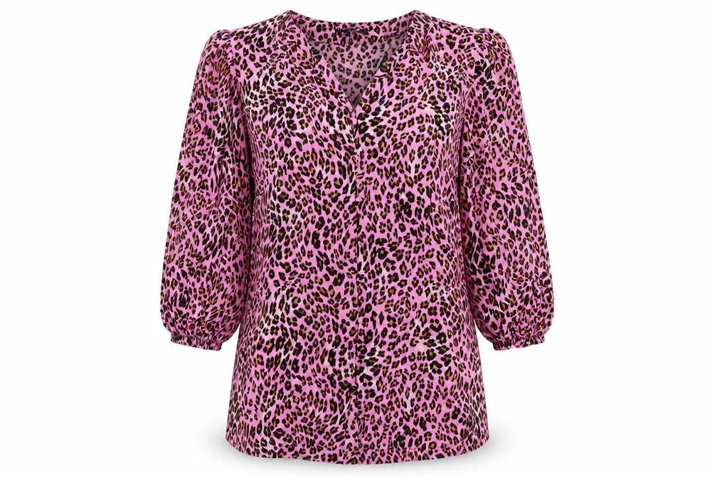 Front view of Marks & Spencer women’s pink animal print viscose basic button-up, size UK 8, v-neck