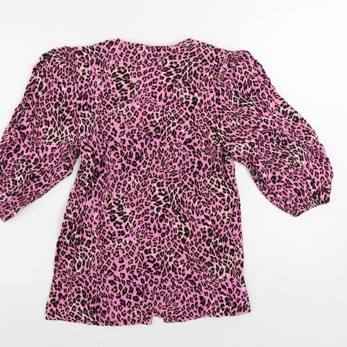 Marks and Spencer Womens Pink Animal Print Viscose Basic Button-Up Size 8 V-Neck