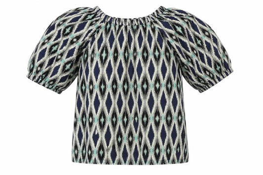 Front view of Marks & Spencer women’s multicoloured geometric polyester basic blouse, size UK 8, round neck