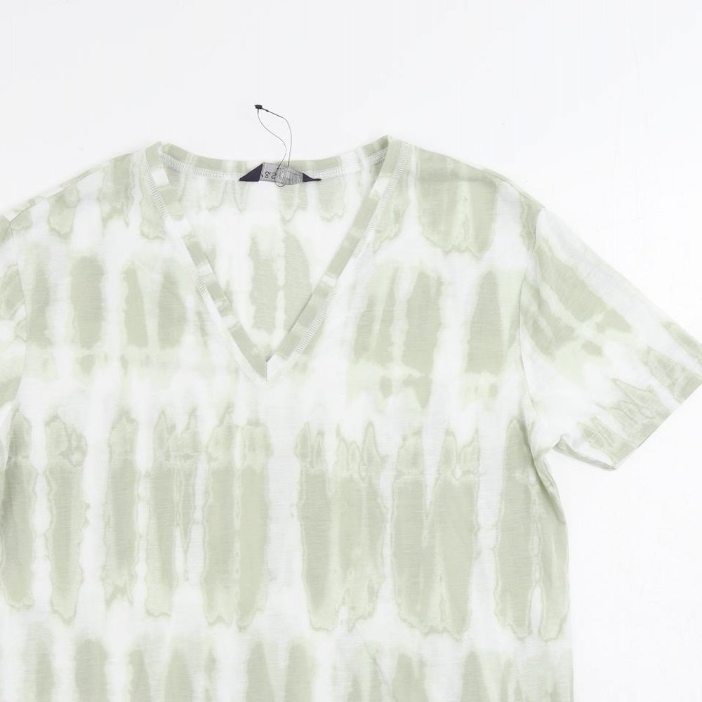 Marks and Spencer Womens Green Geometric Polyester Basic T-Shirt Size 8 V-Neck