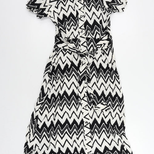 Marks and Spencer Womens Black Geometric Viscose Shirt Dress Size 8 Collared Button