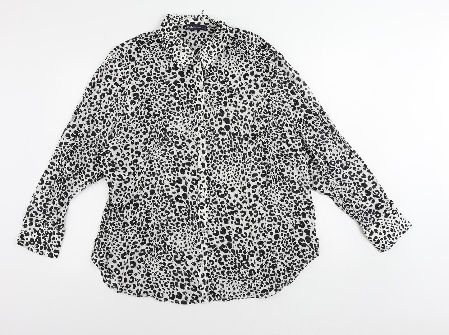 Marks and Spencer Womens Black Animal Print Cotton Basic Button-Up Size 20 Collared