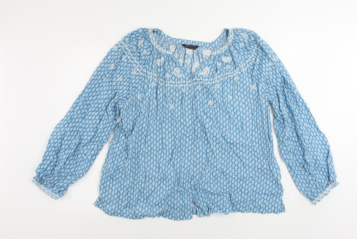Marks and Spencer Womens Blue Geometric Cotton Basic Blouse Size 14 V-Neck - Embroidered