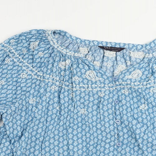 Marks and Spencer Womens Blue Geometric Cotton Basic Blouse Size 14 V-Neck - Embroidered