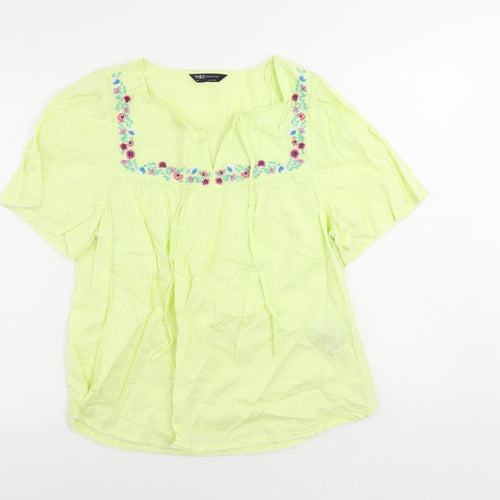 Marks and Spencer Womens Yellow Cotton Basic Blouse Size 10 V-Neck - Embroidered