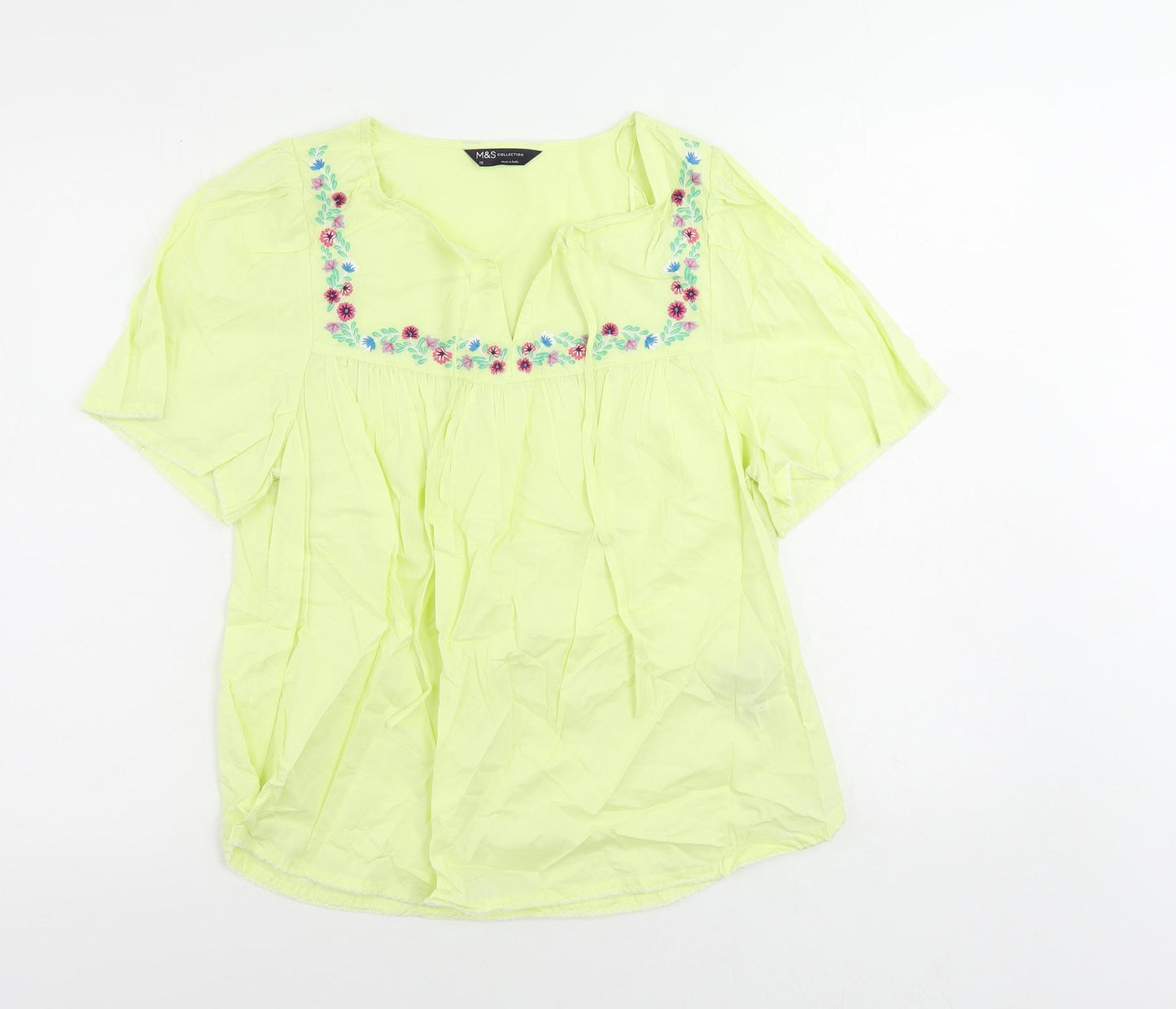 Marks and Spencer Womens Yellow Cotton Basic Blouse Size 10 V-Neck - Embroidered