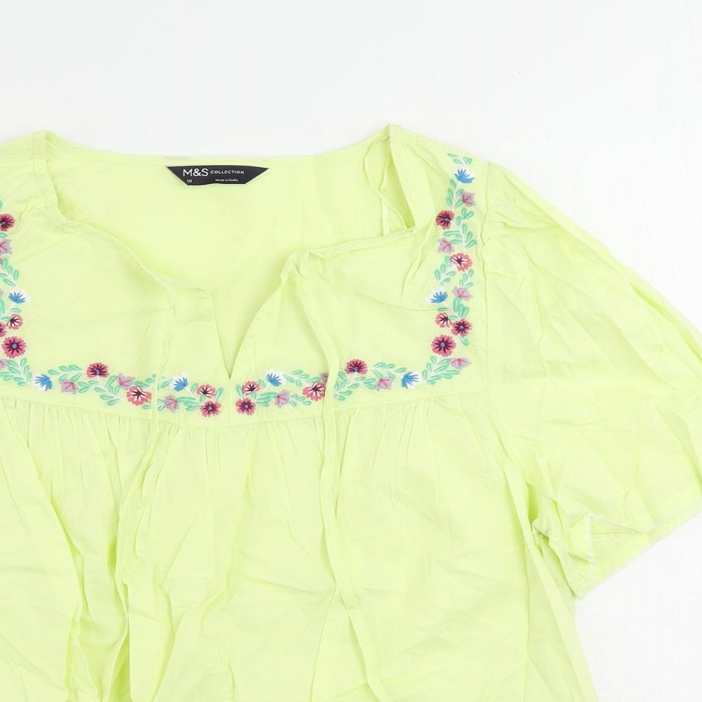 Marks and Spencer Womens Yellow Cotton Basic Blouse Size 10 V-Neck - Embroidered