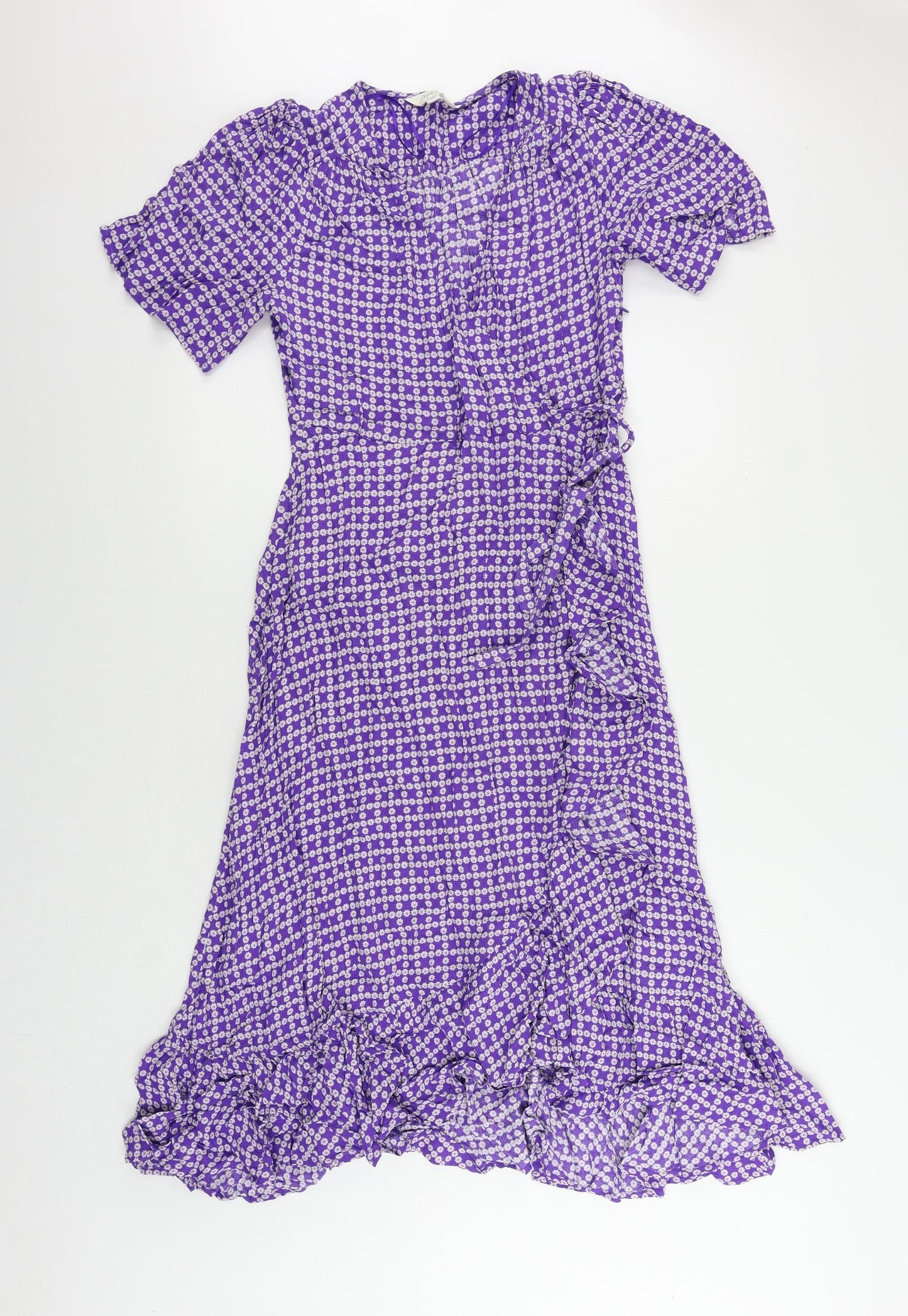 Per Una Womens Purple Floral Viscose A-Line Size 10 V-Neck Zip - Ruffle