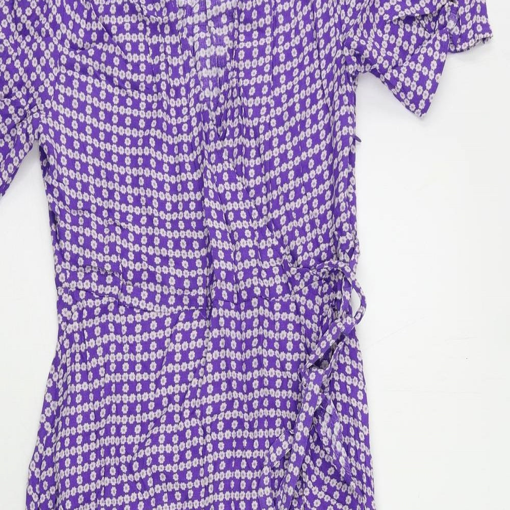 Per Una Womens Purple Floral Viscose A-Line Size 10 V-Neck Zip - Ruffle