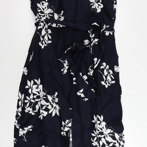 Autograph Womens Blue Floral Linen Sheath Size 16 Round Neck Button