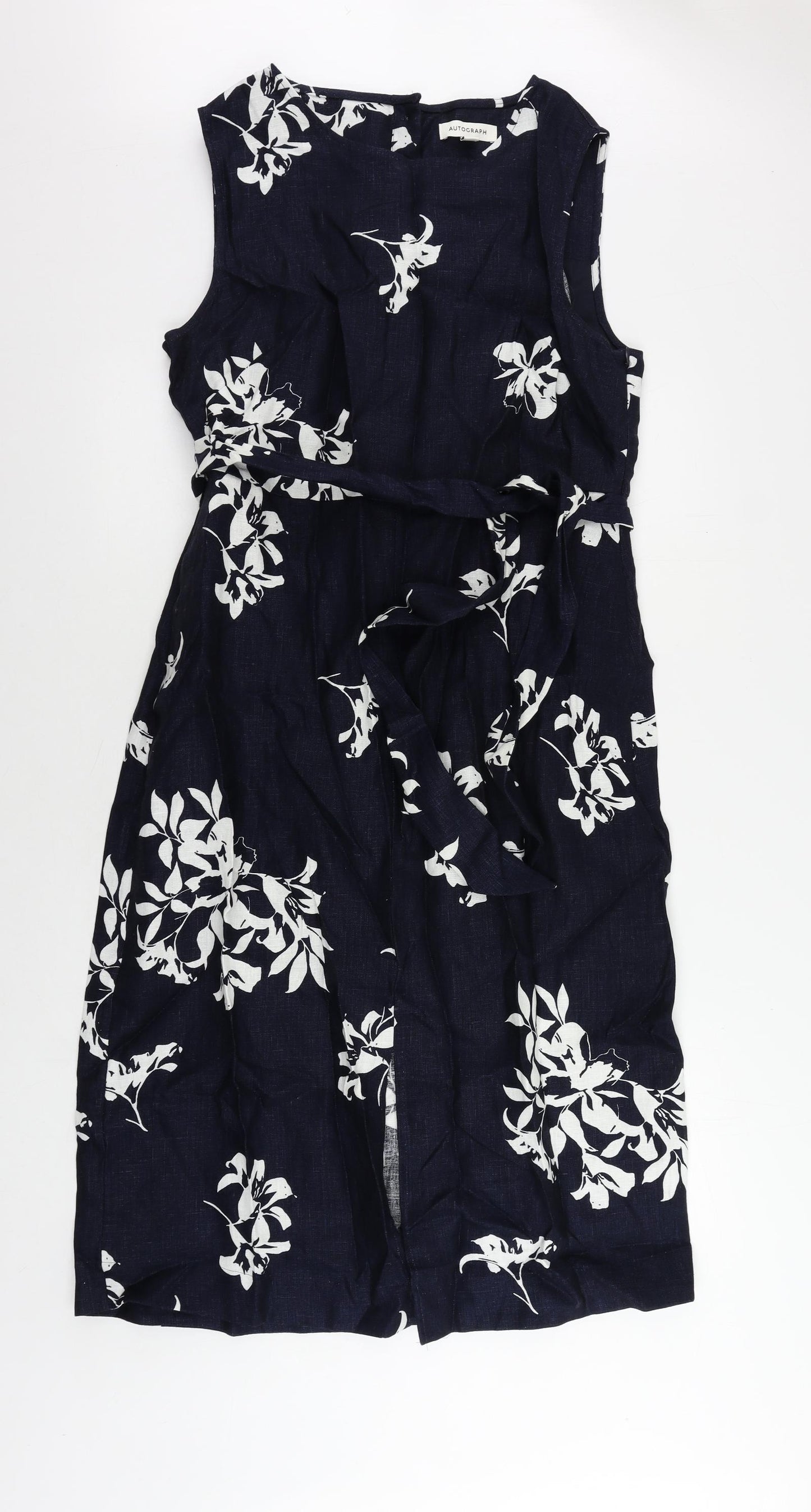 Autograph Womens Blue Floral Linen Sheath Size 16 Round Neck Button