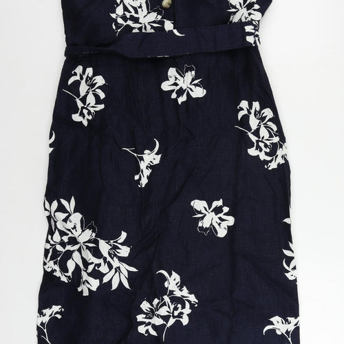 Autograph Womens Blue Floral Linen Sheath Size 16 Round Neck Button